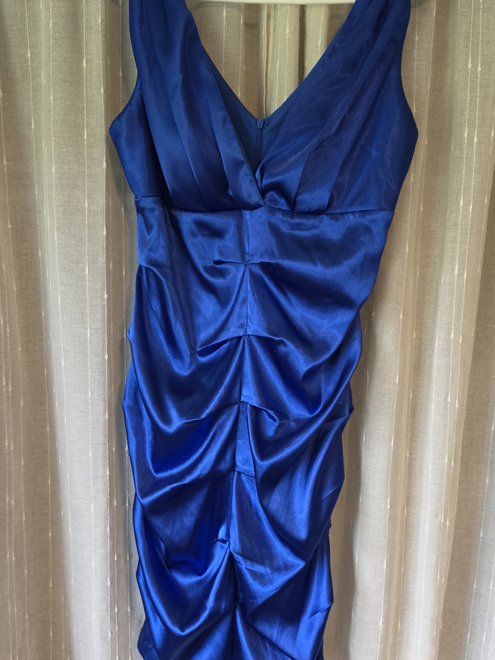 Roulette Royal Blue Satin V-Neck Ruched Midi Dress